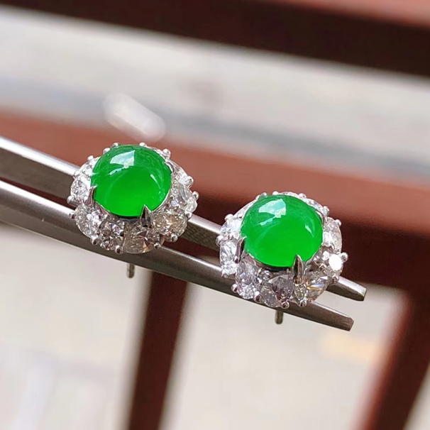 翡翠阳绿戒指13圈口 耳钉套装