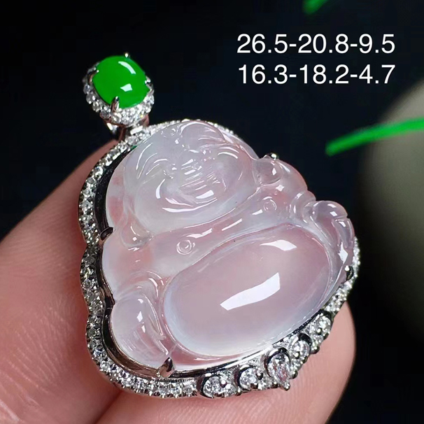 白冰翡翠佛公吊坠，经典大方，18k金伴钻，送银链， 无纹裂