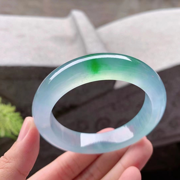 【翡翠手镯】高冰紫底飘绿翡翠手镯正圈 【圈口】54.5/12.2/9.2mm