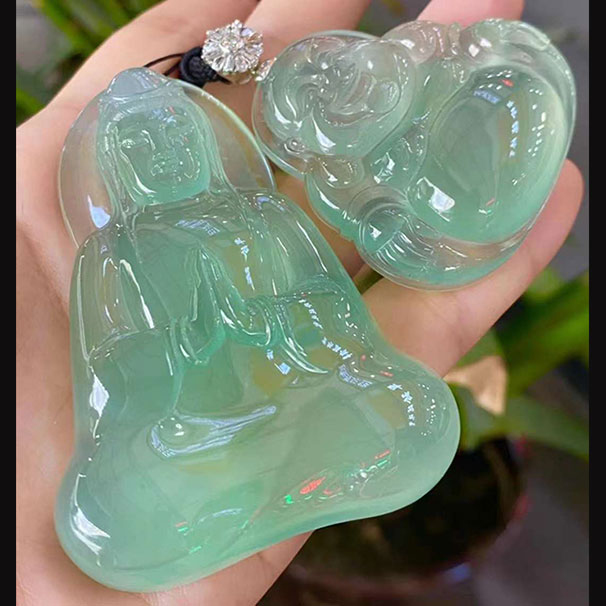翡翠观音佛一对 收藏品 高冰晴绿