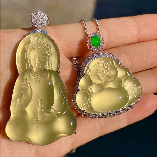 冰种黄翡金身观音·佛公翡翠吊坠，稀有的珍藏品，高品质