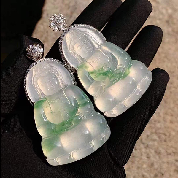 冰透水润厚庄飘花观音翡翠吊坠一对，品质性价比款