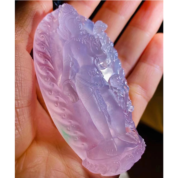 翡翠冰紫度母吊坠，大师作品，高冰紫，厚装大气，种水好见光不失色
