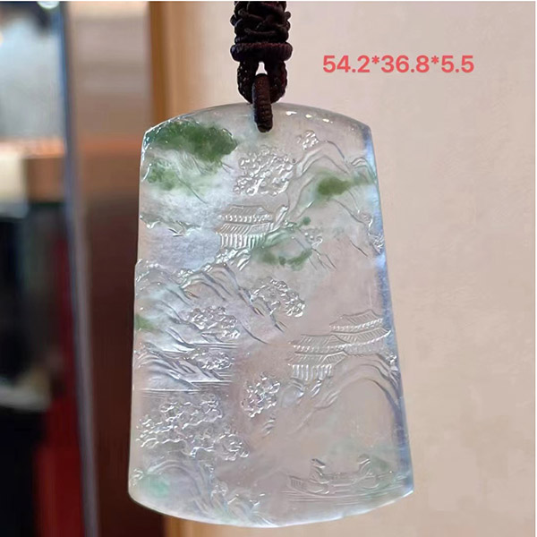 高冰山水牌翡翠挂件，高山流水，种水好，雕刻精细，非常有意境的一枚挂件