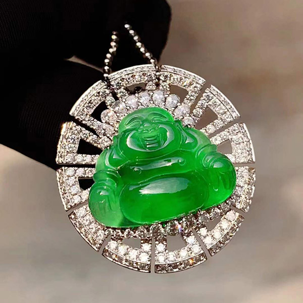 18k金镶满绿佛公翡翠豪镶吊坠