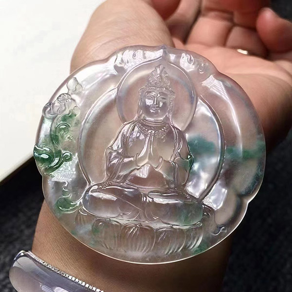 老坑玻璃飘花翡翠观音吊牌，大师作品
