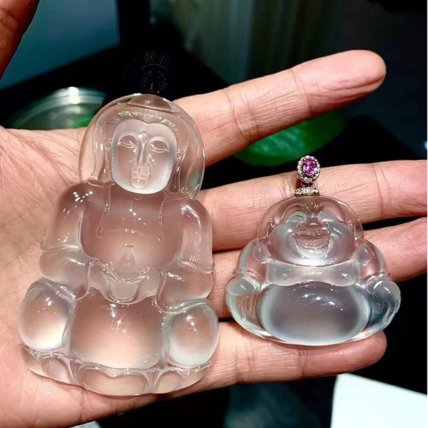 顶级玻璃种观音佛公翡翠吊坠两尊，纯洁透亮，刚光十足