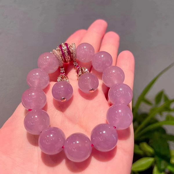 精品粉珠翡翠手链+耳坠套装，颗颗美艳，冰透，色匀